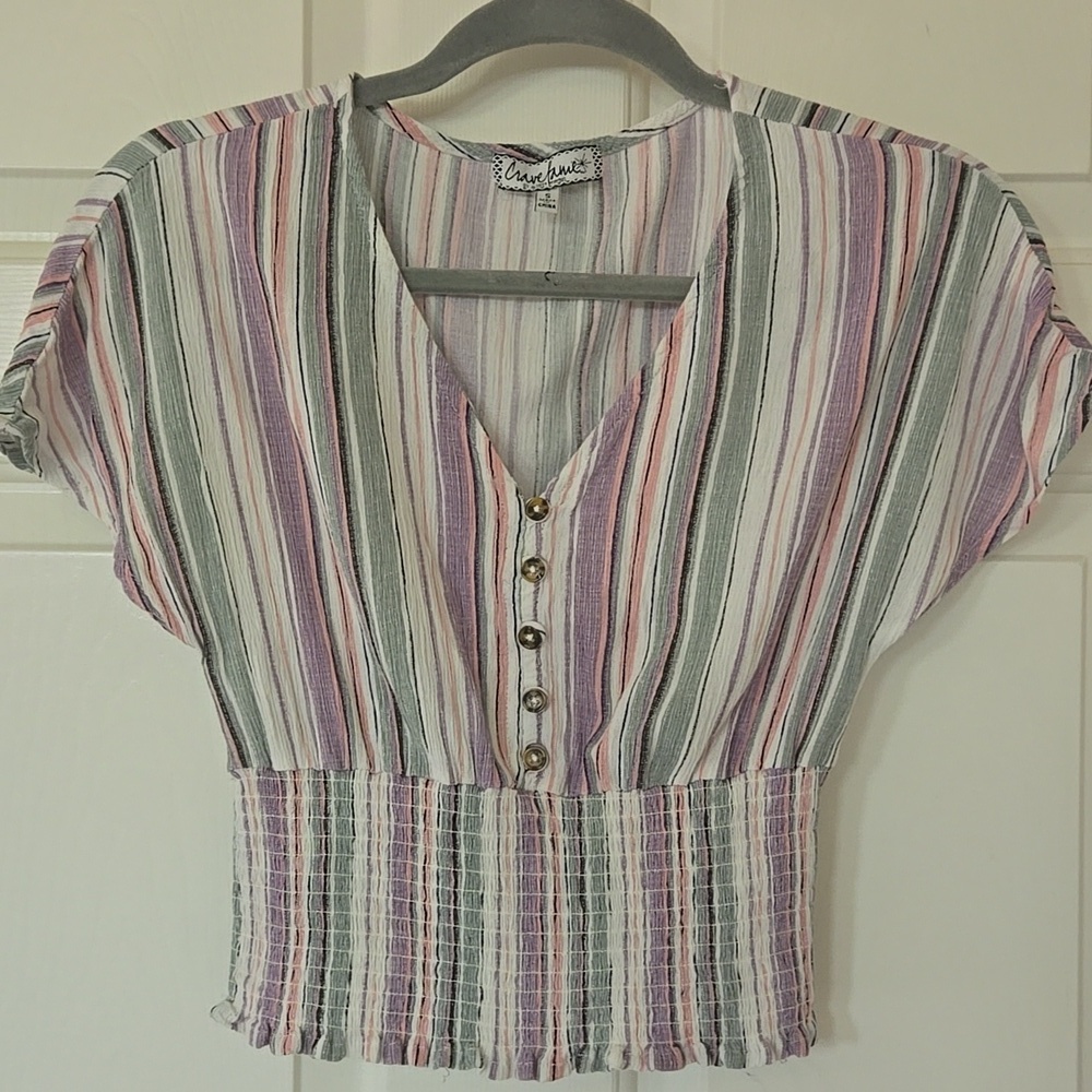 Striped V-Neck Buttoned Women's Top